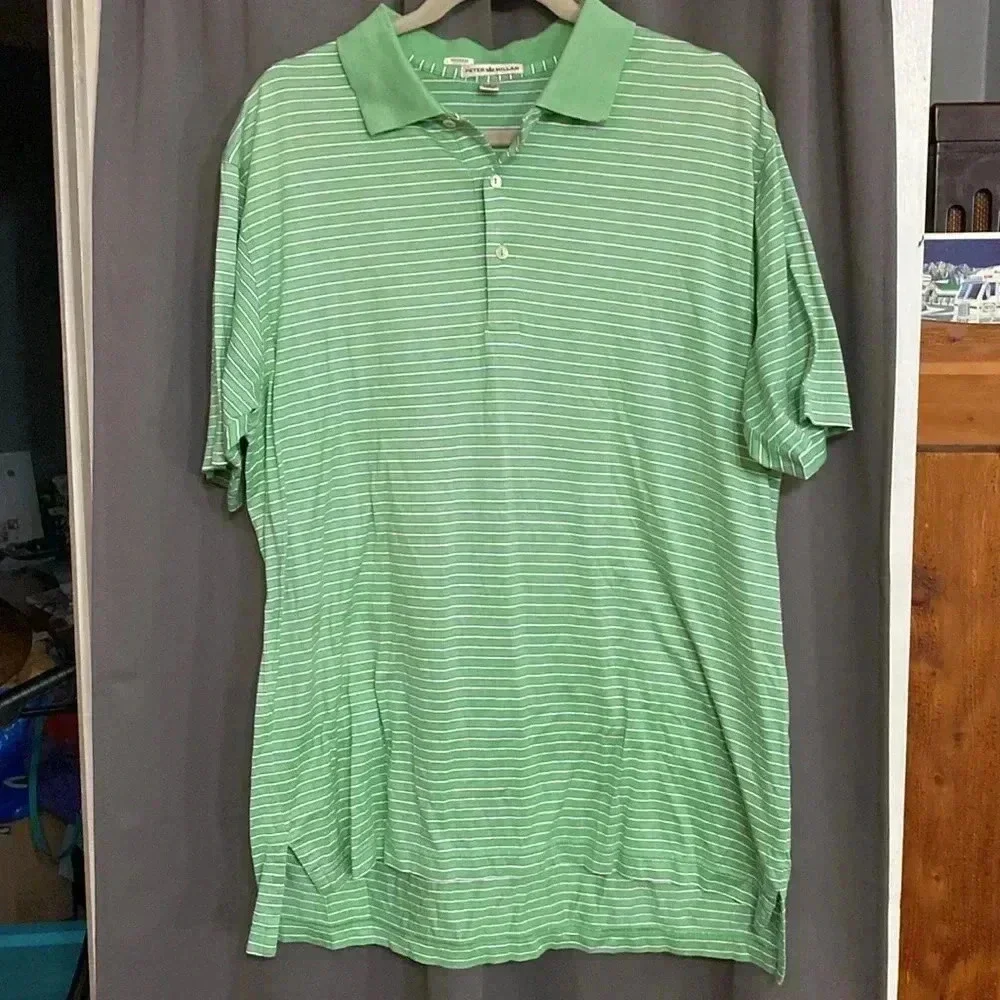 PETER MILLAR MENS SIZE LARGE‎ 100% COTTON POLO SHIRT LIGHT GREEN WHITE STRIPE - Picture 2 of 9